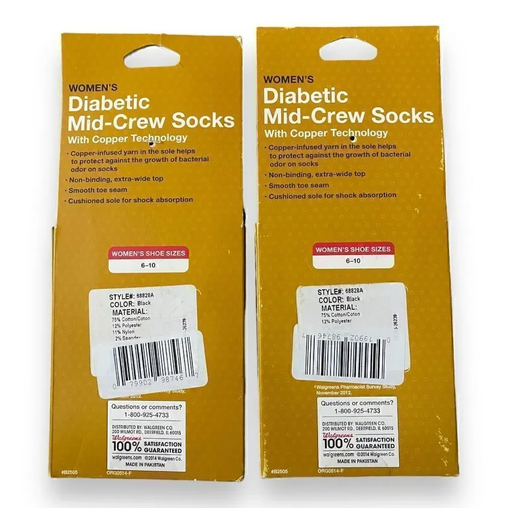 Walgreens Womens Black Diabetic Socks fits Shoes sizes 6-10 Lot of 2 New